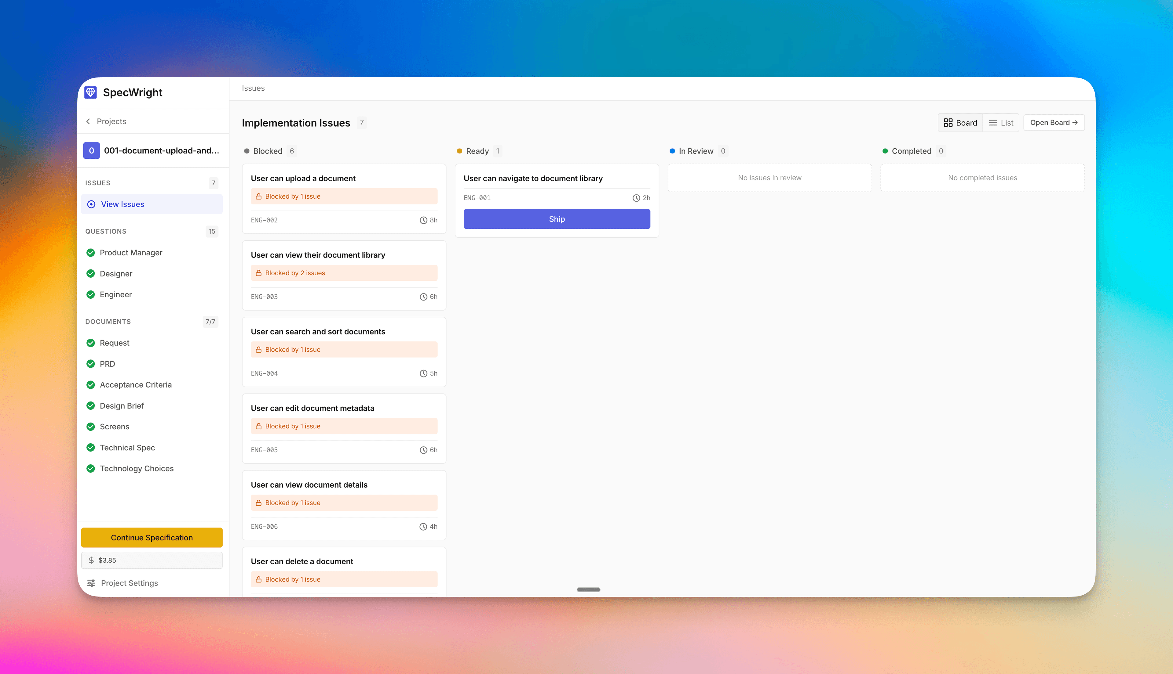 SpecWright — Implementation issues board