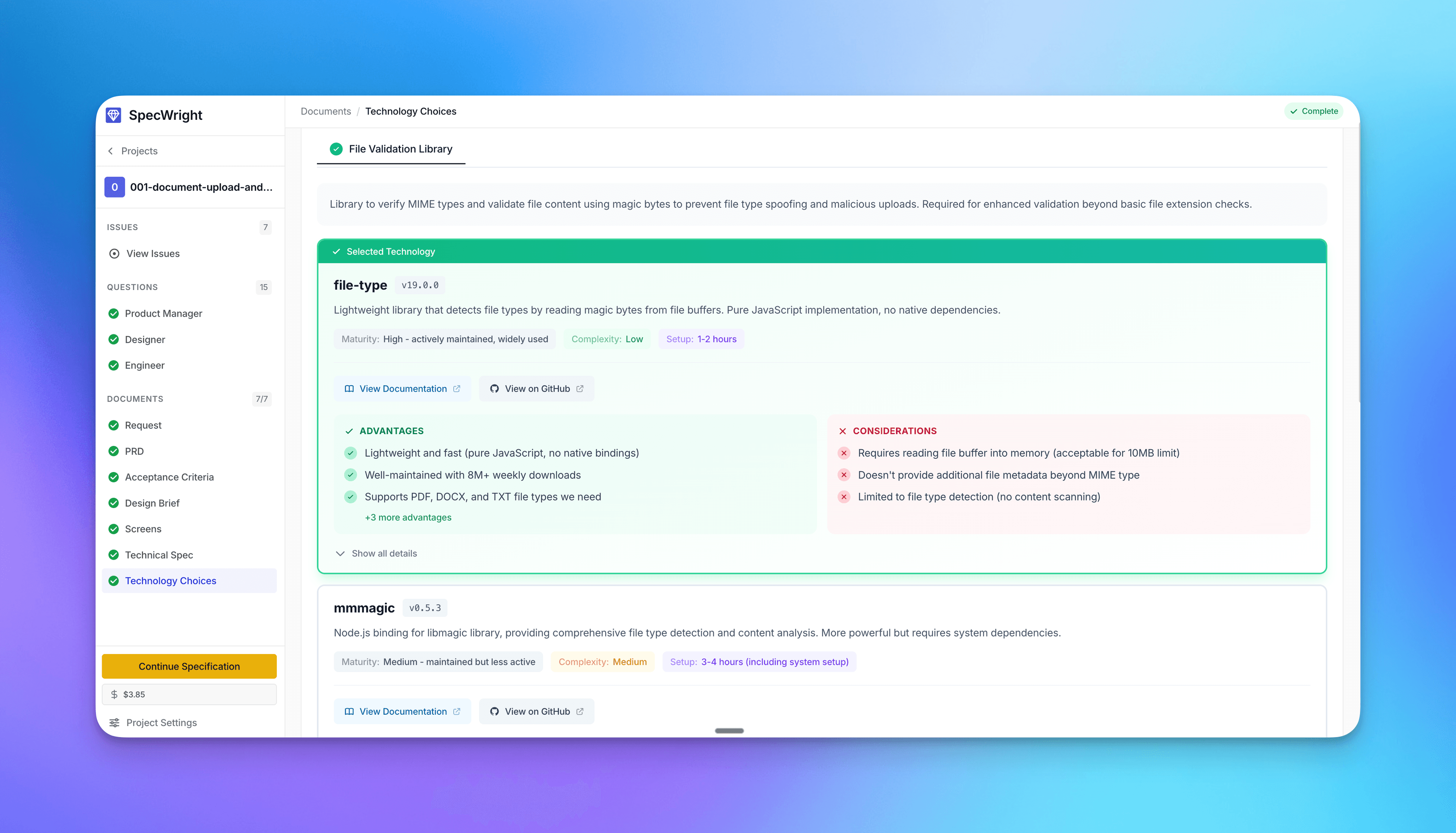 SpecWright — Technology choices with rationale